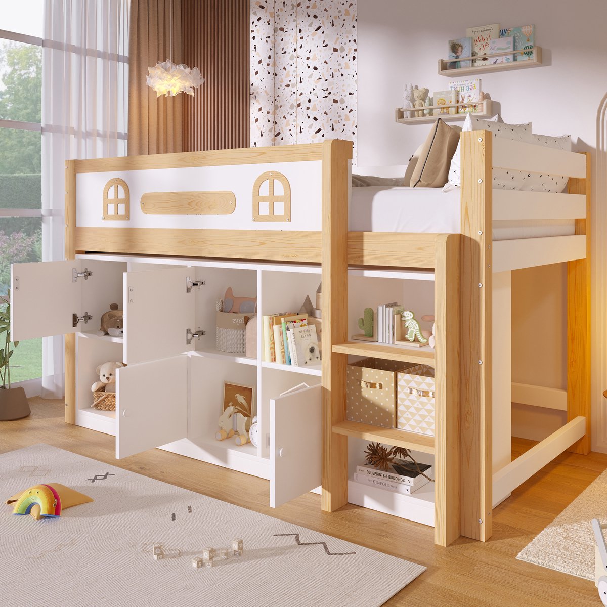 Halfhoogslaper 90x200 Cm - Bed Met Krijtbord En Opbergruimte - Met Ladder En Uitvalbeveiliging - Voor Kinderkamer - Hout - Wit Naturel - Zonder Matras