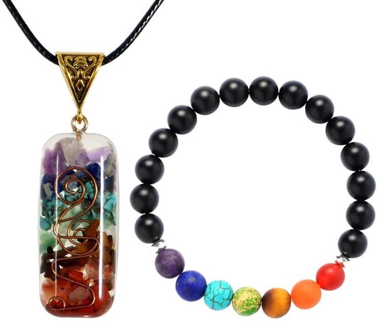 Chakra Armband - 7 Chakra Kralen - Natuurlijke Grind - Zwart Lederen Touw - Spirituele Reiniging - Stressverlichting - Reiki Yoga Meditatie - Kralenarmband