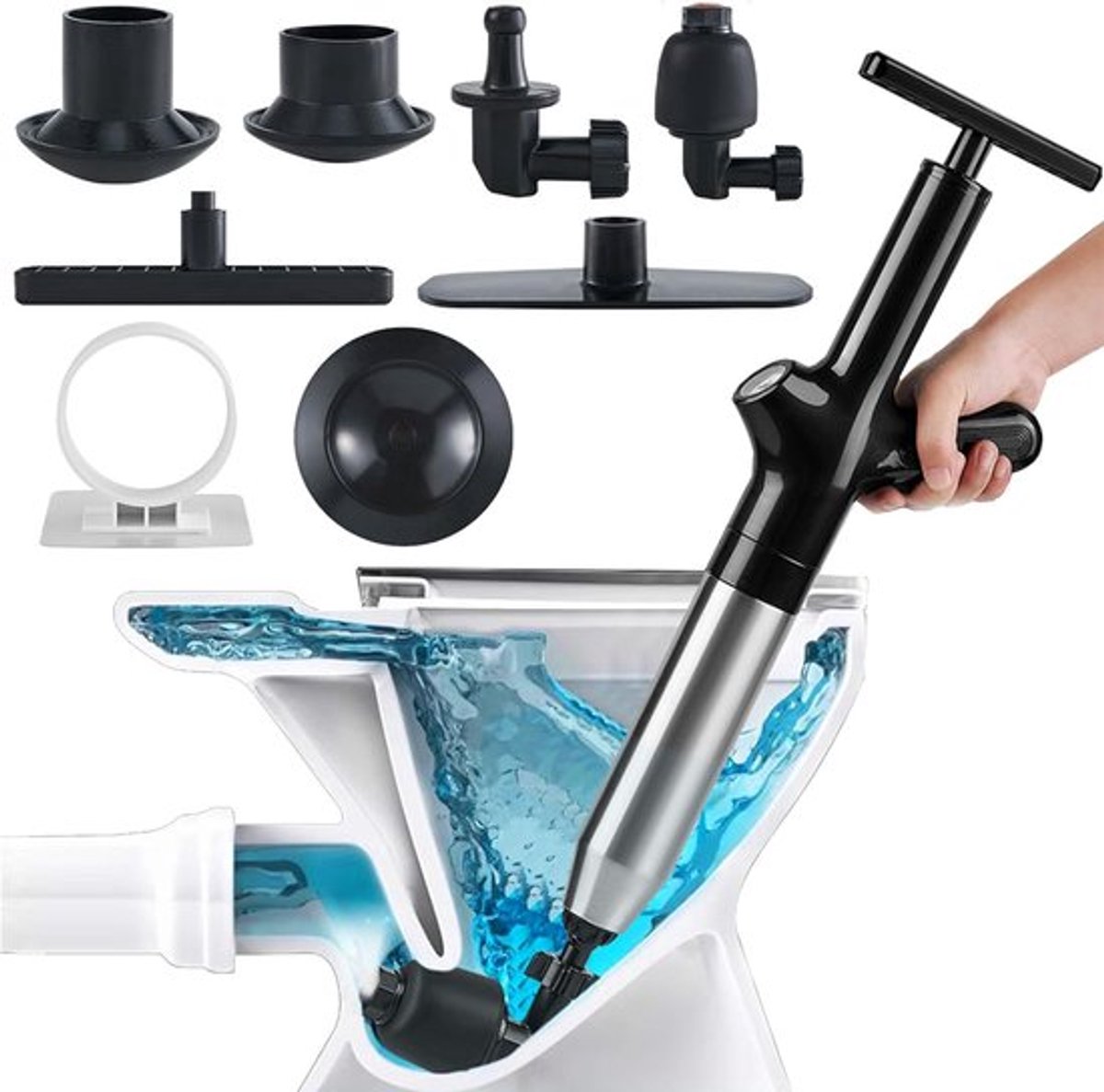 SnelShoppen - Pneumatische Ontstopper 8 Bar met 4 Zuigkappen - Professionele Ontstopper voor Toilet, Keuken, Badkamer & Douche | RVS Pompdrukmeter Zon