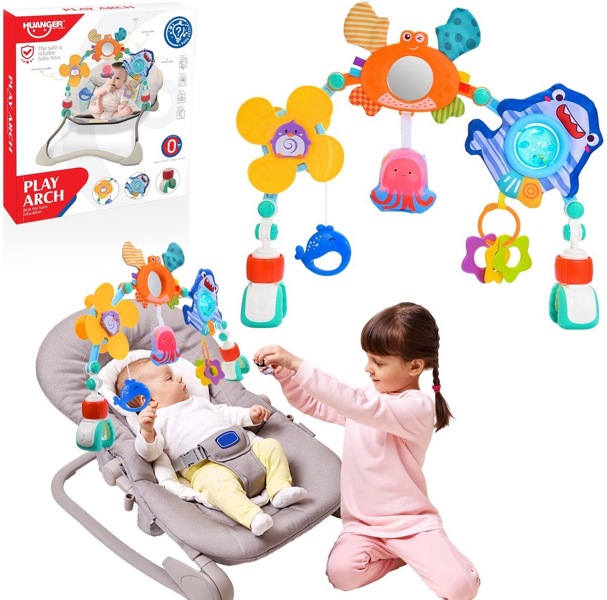 Casalora – Speelboog Speelgoed Verstelbare - Mobiele voor Peuter Jongen en Meisje– Activiteitenspeelgoed Baby met Oceaandieren – Sensorisch & Educatief – Geschikt voor Wipstoel & Kinderwagen – Kinderwagen speelgoed
