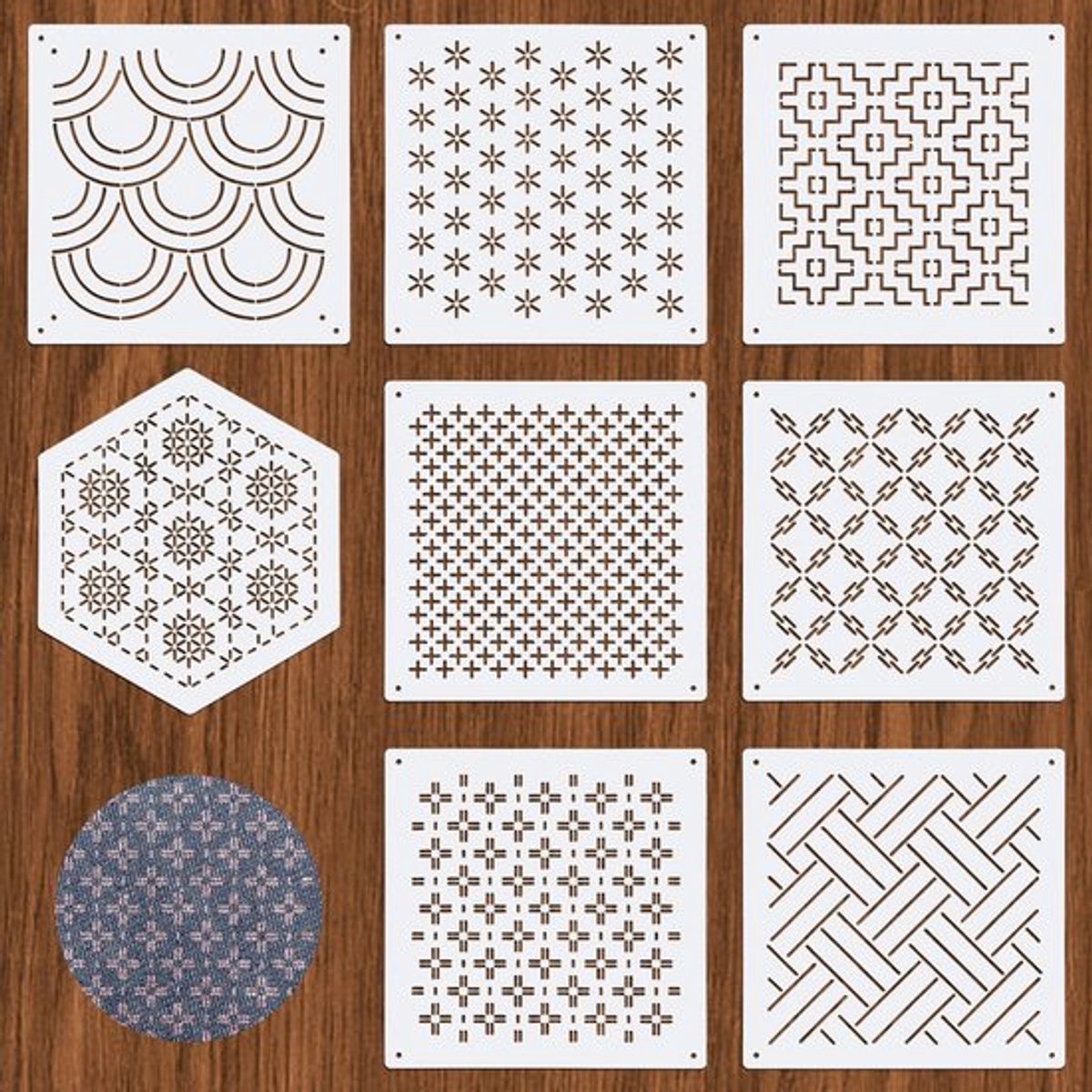 8 Stuks Geometrische Sashiko Sjablonen voor Handborduren en Quilten - Embroidery Stabilizers en Tekenlijnen voor Creatieve Naaiprojecten