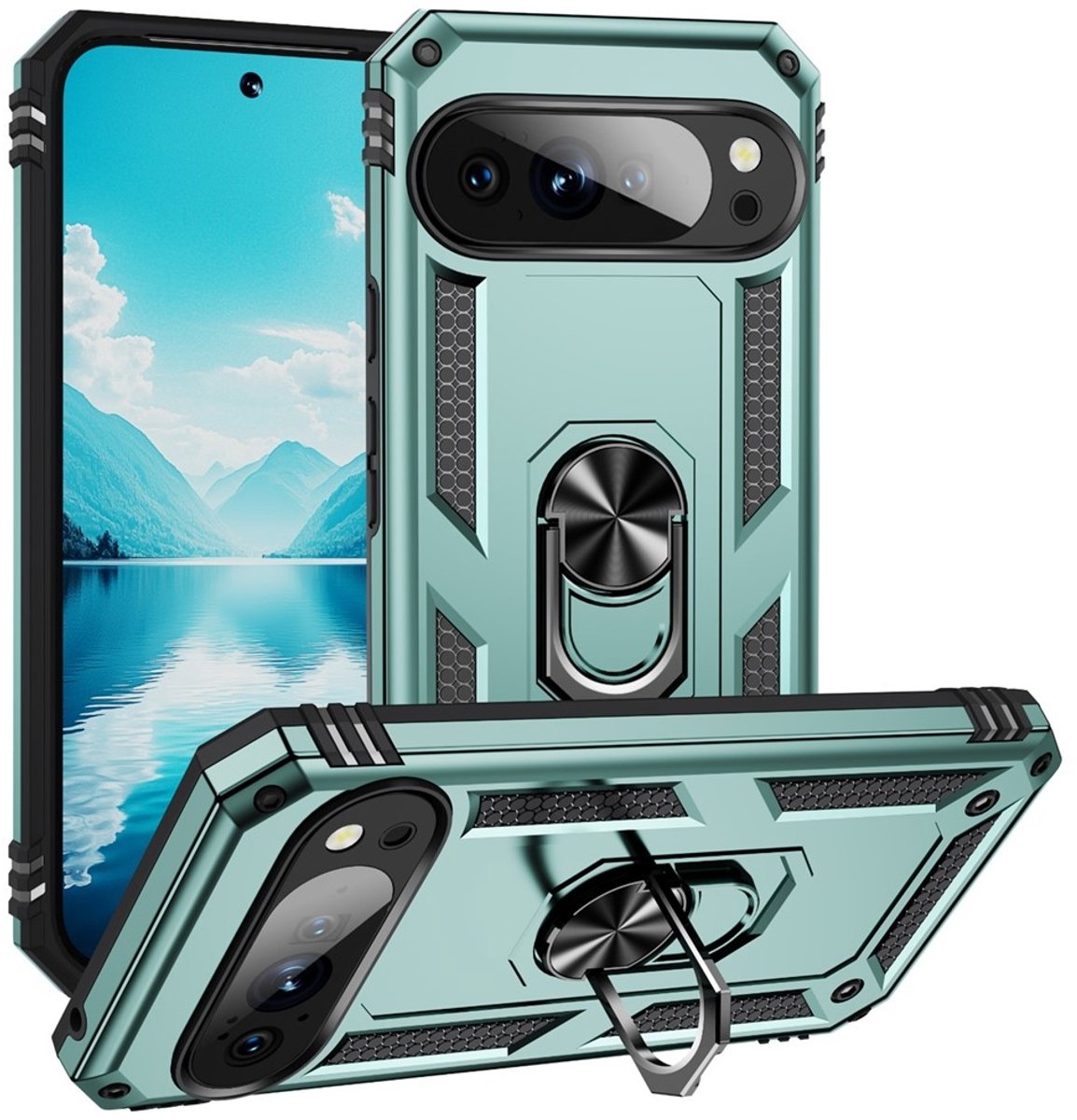 Coverup Hoesje - Geschikt voor Google Pixel 11 Hoesje - Coverup Armor Ring Kickstand Back Cover - Mintgroen
