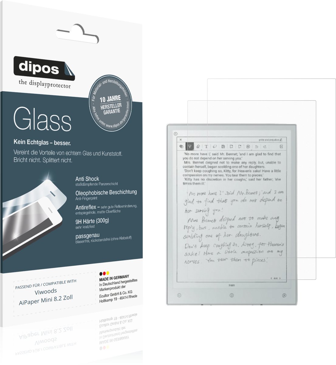 dipos – 2x Matte Pantserfolie geschikt voor Viwoods AiPaper Mini 8.2 Zoll | 9H Screenprotector