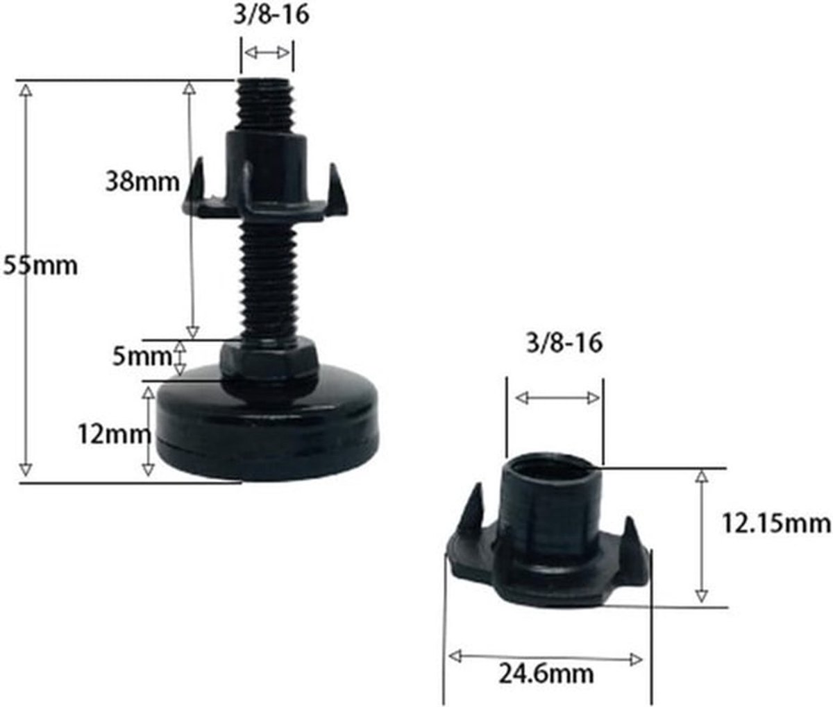 Verstelbare Nivelleervoeten voor Meubels - Set van 4 - Inclusief T-Moer Kit - Voor Kasten, Banken en Stoelen - 3/8"-16 Schroefdraad - Draagvermogen 1200 lbs