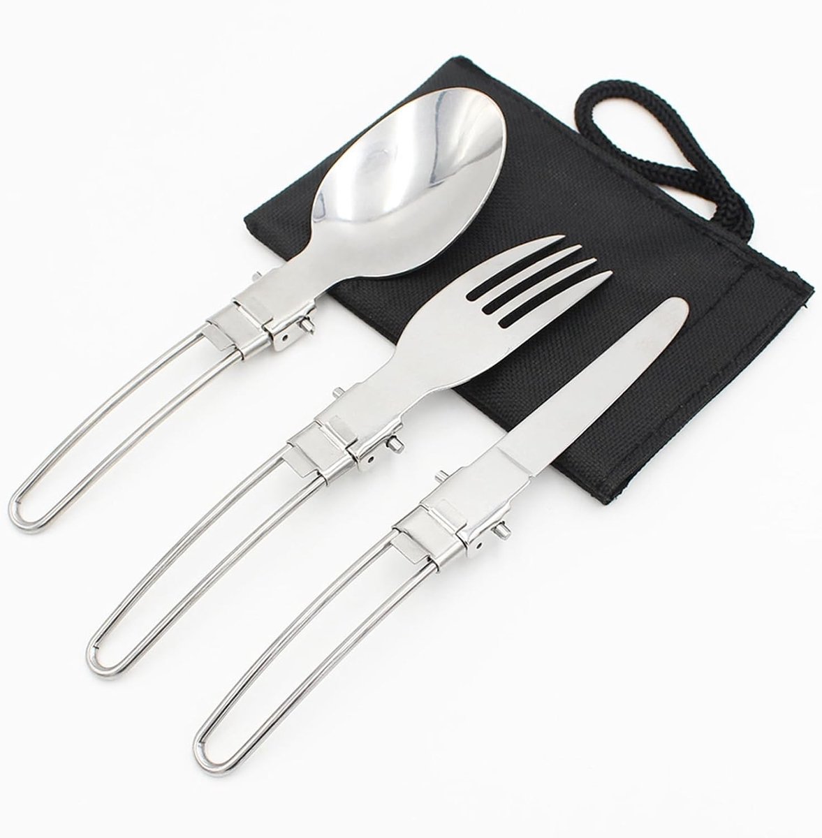 Camping Bestekset van 3 Delen, Vouwbaar RVS Mes, Vork en Lepel met Katoenen Tas, Ideaal voor Kamperen, Reizen en Buitenactiviteiten