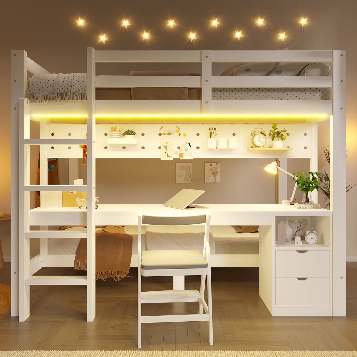 Hoogslaper 90x200 cm - Met LED-Verlichting - Met Opbergruimte - Met Lades - Wit