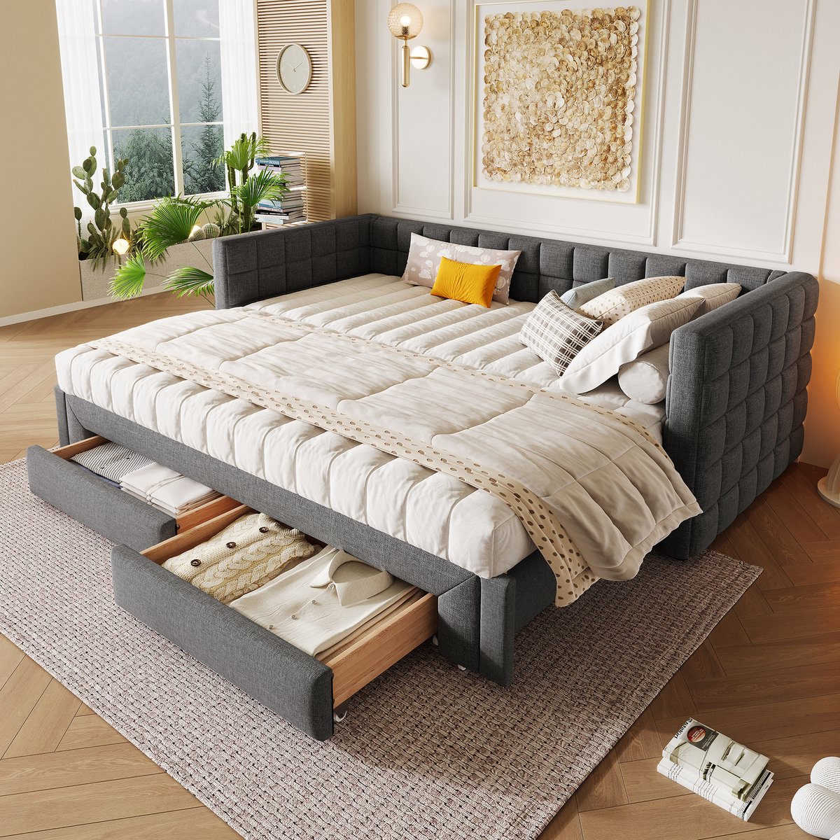Dagbed 90x200 cm - Met Opbergruimte - Uittrekbaar - Met Lades - Grijs
