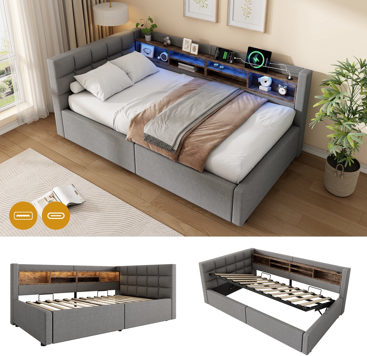 Dagbed 90x200 cm - Met LED-Verlichting - Met Opbergruimte - Met USB-Oplaadpunt - Grijs