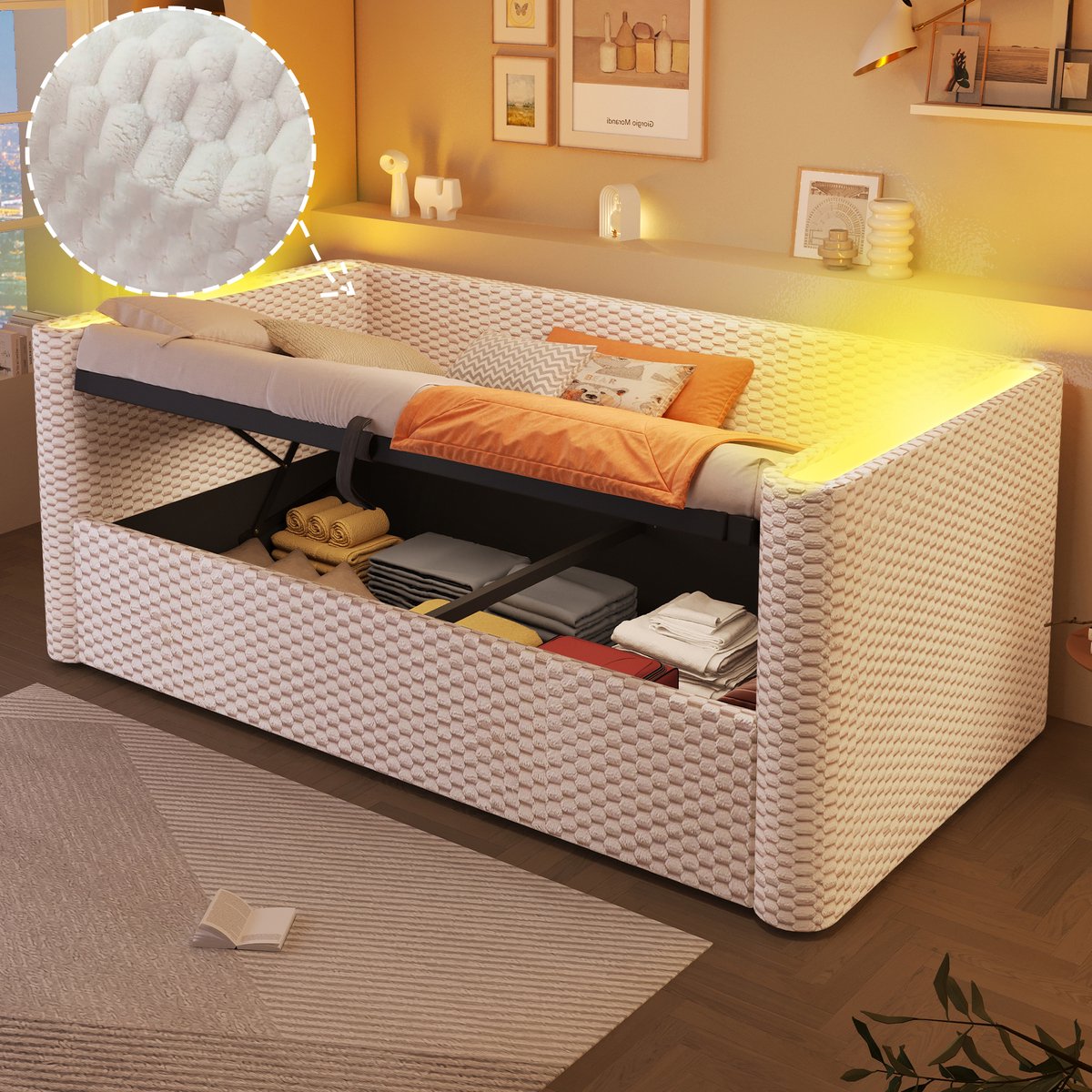 Dagbed 90x200 cm - Met LED-Verlichting - Met Opbergruimte - Incl. Lattenbodem - Beige
