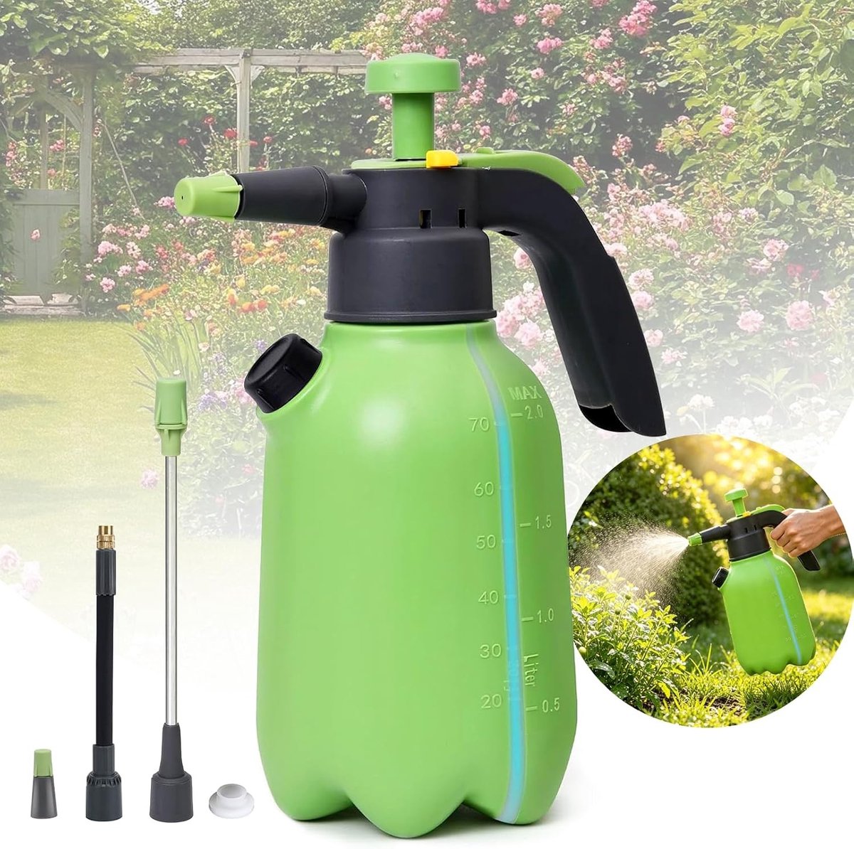 ExpertenWerk Premium Drukspuit 2 liter pompspuitfles met overdrukventiel verstelbaar mondstuk maatbeker waterspuitfles spuitflessen plantenspuit schuimspuit voor auto en tuin
