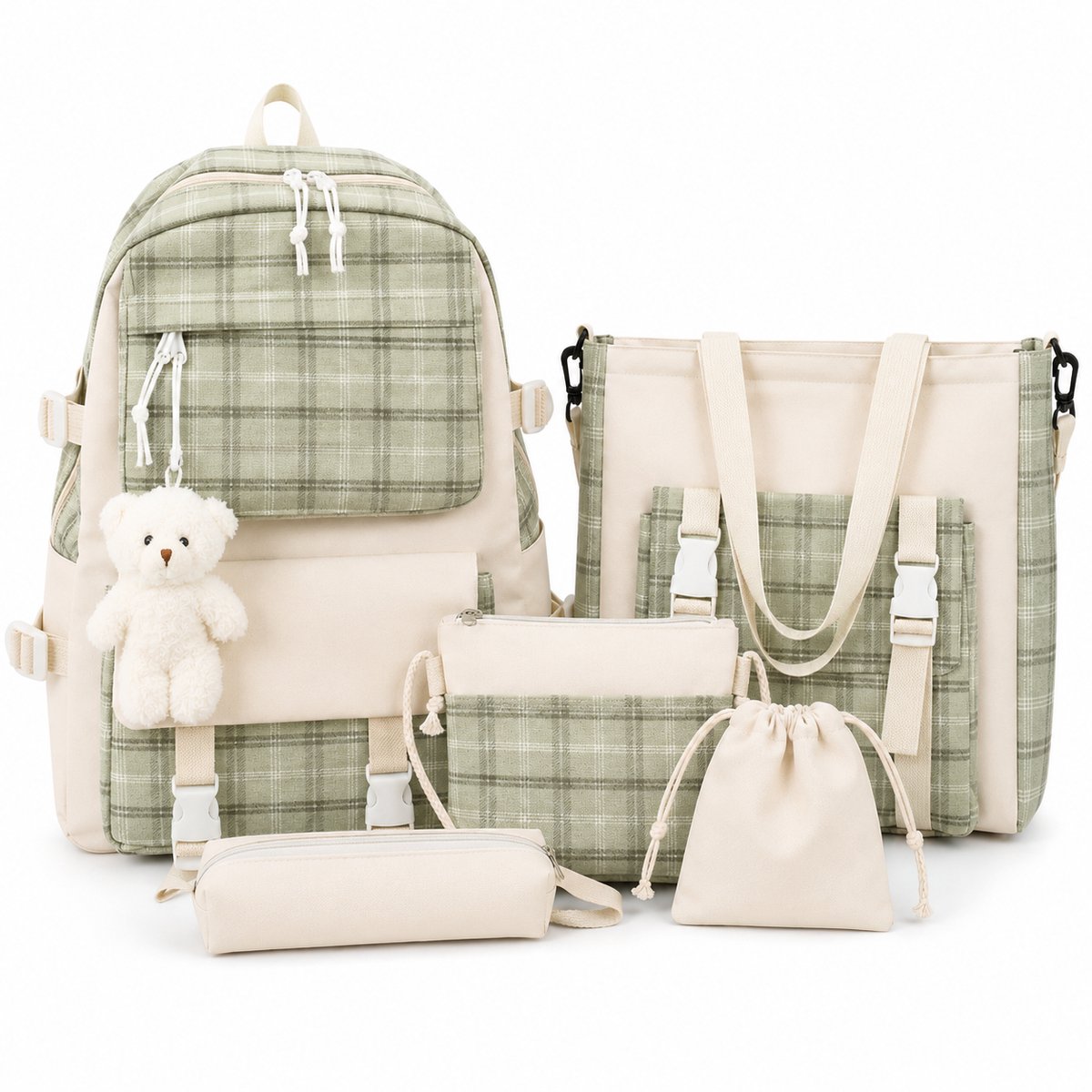 Bobypet - Rugzak Meisje Set - Schattige 5-delige Schooltas Set van Canvas - Kawaii Rugzak met Decoratie voor Meisjes 6-13 Jaar - Inclusief Etui, Schoudertas en Handtas - Back to School Cadeau - Groen