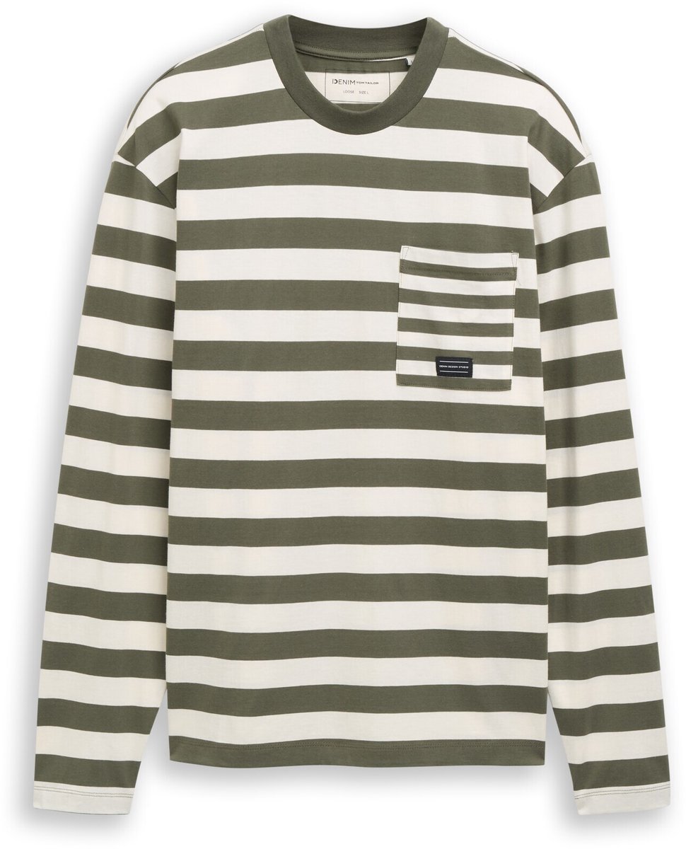 Tom Tailor Denim - T-shirt met lange mouwen in relaxed fit en streepmotief - Maat XXL - olive green gardenia stripe
