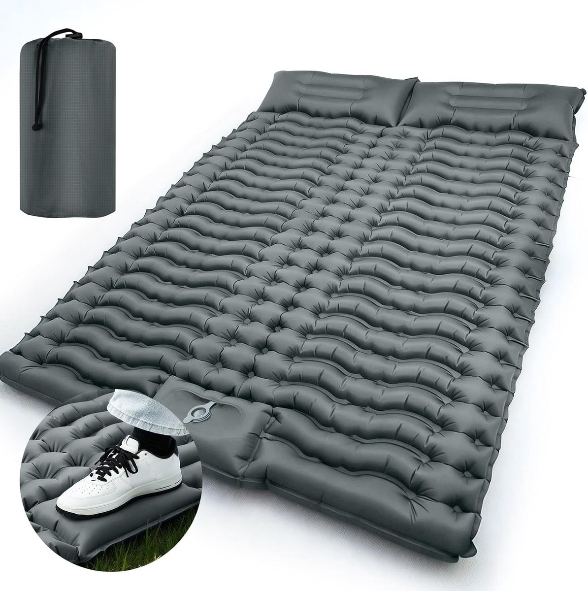 Dubbele Isolerende Campingmat - Grijs - 195 x 125 x 10 cm - Opblaasbaar en Ultralicht - Voor 2 Personen
