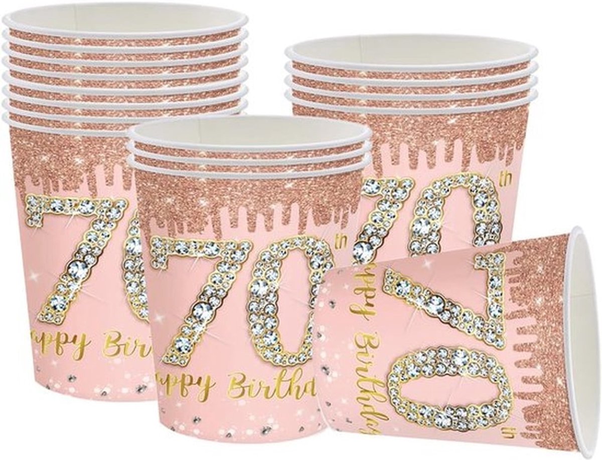 Vrolijke 70e verjaardag papieren bekers - Roze goud - 16 stuks wegwerpservies - 70e verjaardag decoratie bekers voor vrouwen - Damesverjaardagsfeestbenodigdheden