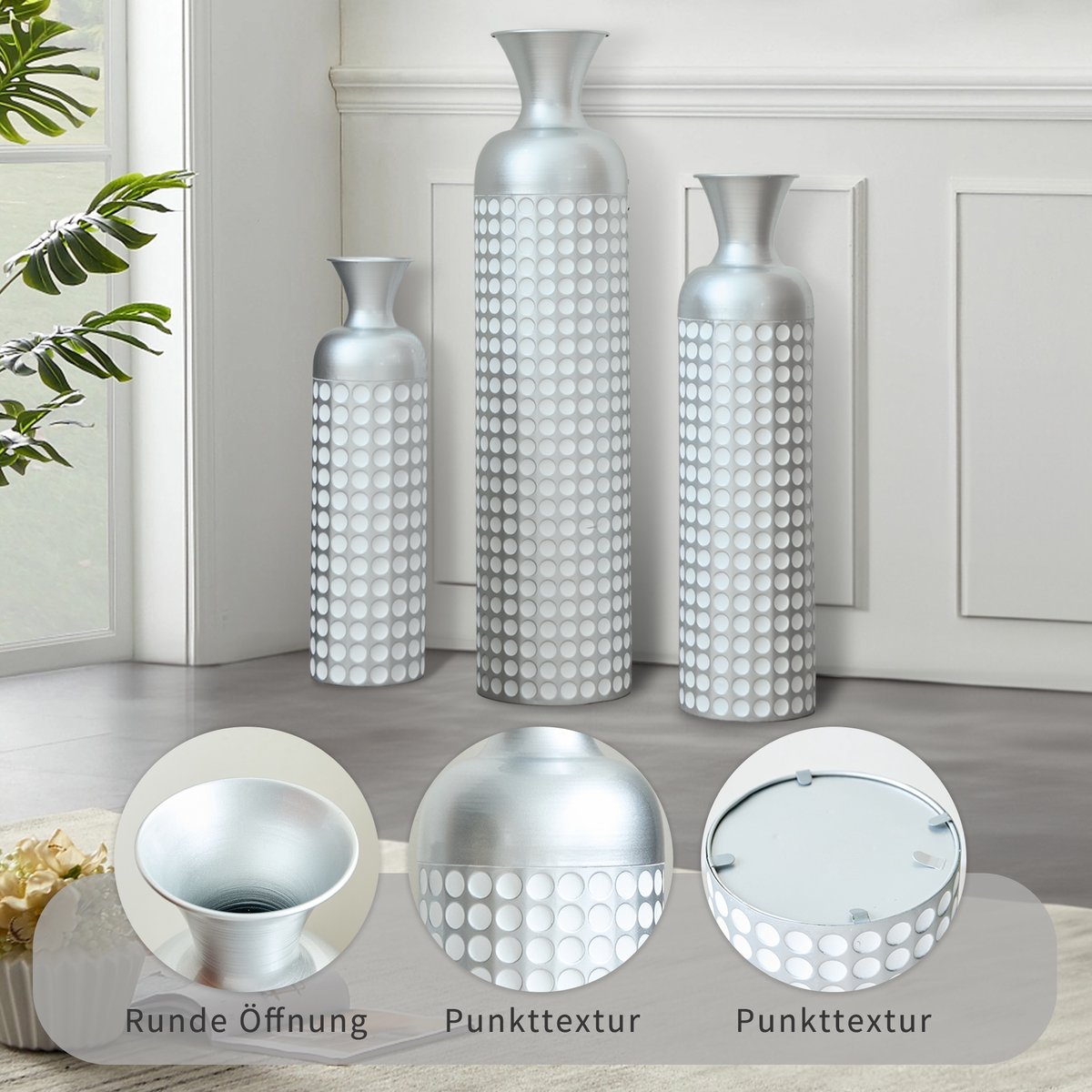 COVREO Vaas 84 cm zilver metaal, 3-delige set met puntpatroon