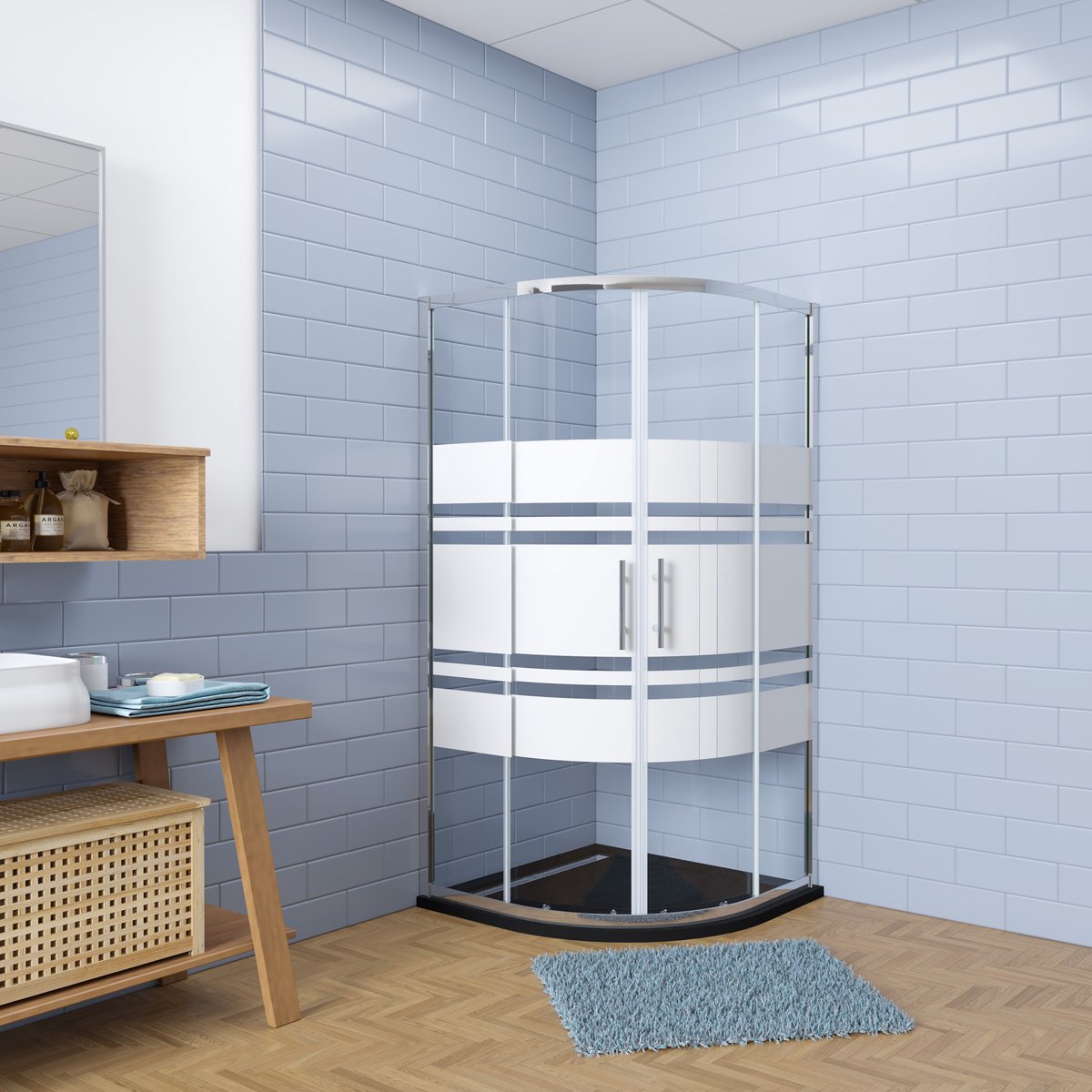 Aica Eenvoudig te monteren kwartronde Douchecabine 80x80x185cm hoekinstap met schuifdeuren - 6mm veiligheidsglas EasyClean behandeld met wit zeefdruk design - mat zwarte aluminium Profiel