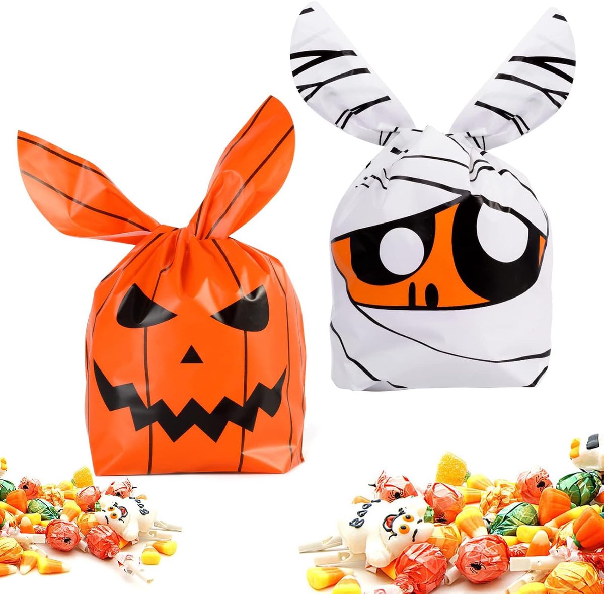 Halloween snoepzakjes - 100 stuks - 14*23 cm - Halloween snoepverpakkingen - Koekjes- en snackzakjes - Schattige cadeauzakjes met konijnenoortjes - Plastic cadeauzakjes voor Halloweenkoekjes - Halloween feestdecoraties -B