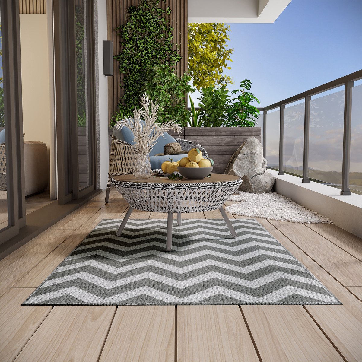 COVREO Outdoor vloerkleed 121 x 182 cm, lichtgrijs en wit, polypropyleen, balkon