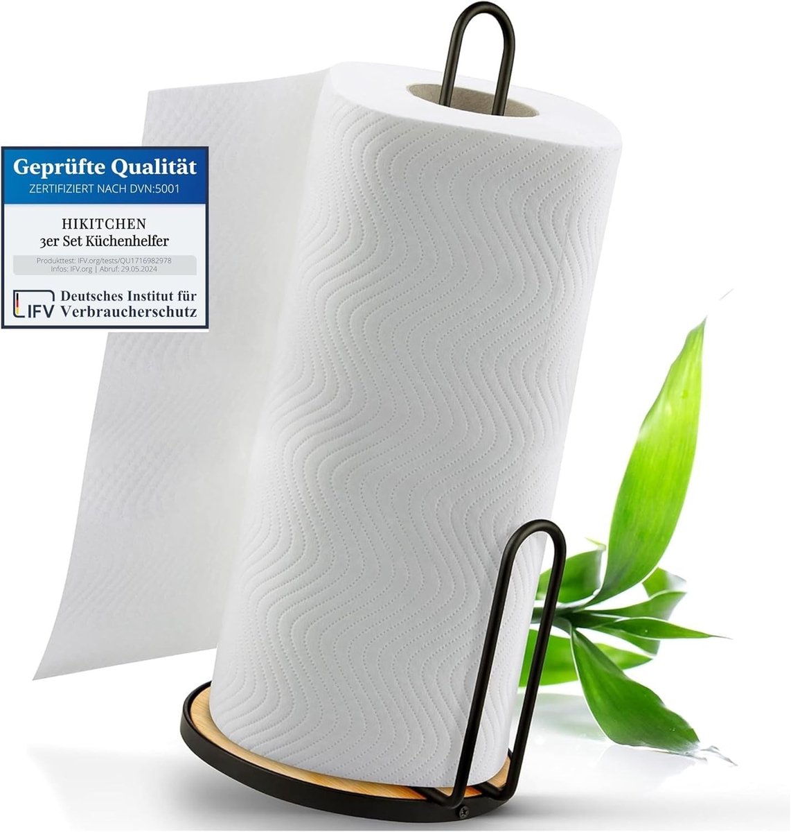 Keukenrolhouder - Zwart - Staande Houder van Staal met Bamboebodem - Voor Keukenpapierrollen