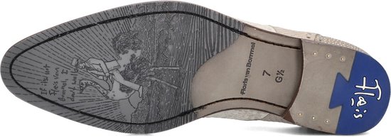Zool van de beige gekleurde nette schoenen met artwork en de tekst 'Floris van Bommel'.
