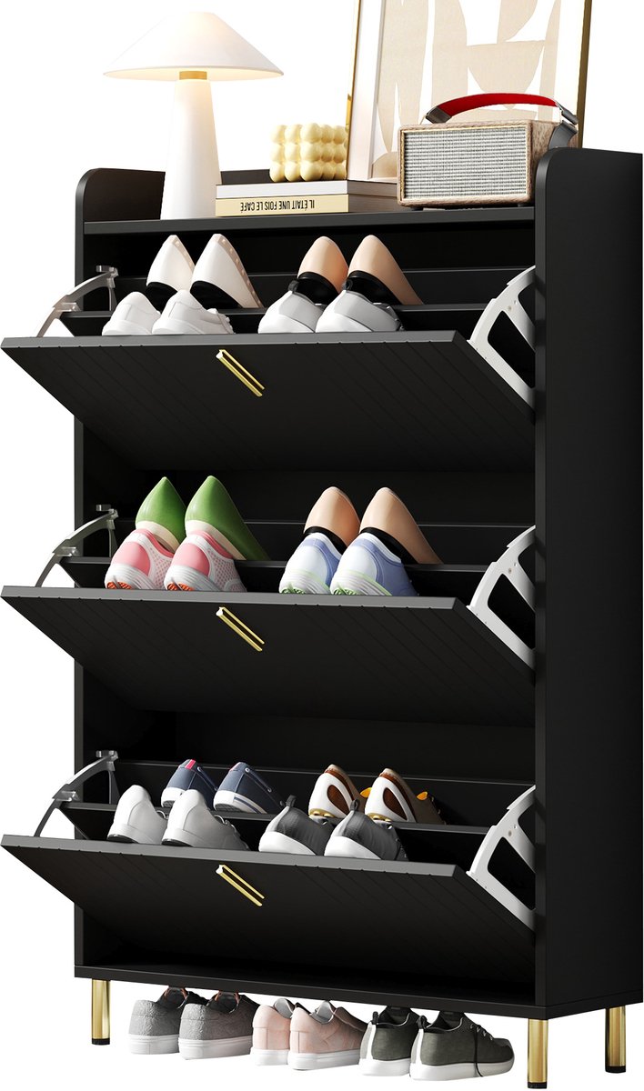 COVREO Schoenenkast 80 x 23,5 x 123,5 cm zwart MDF, 3 klappen, voor hal — afbeelding 3