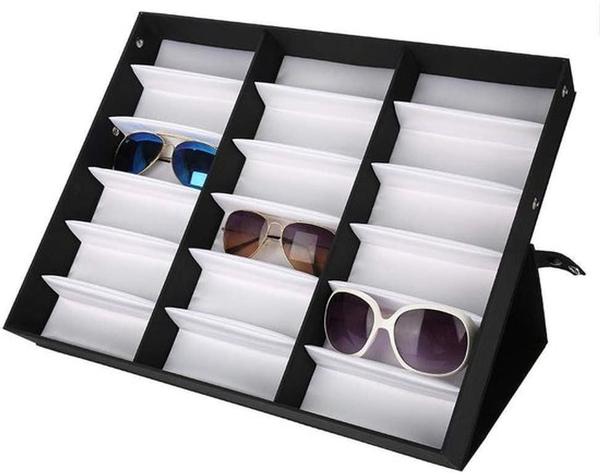 - Brillenopbergbox - Opberger voor zonnebrillen - Voor 18 brillen - Grijs - Organizer voor brilmonturen - Geschikt voor thuisgebruik - Zwart metalen frame - Brillenopberger voor zonnebrillen, leesbrillen en meer, 47,5 x 37,5 x 6 cm.