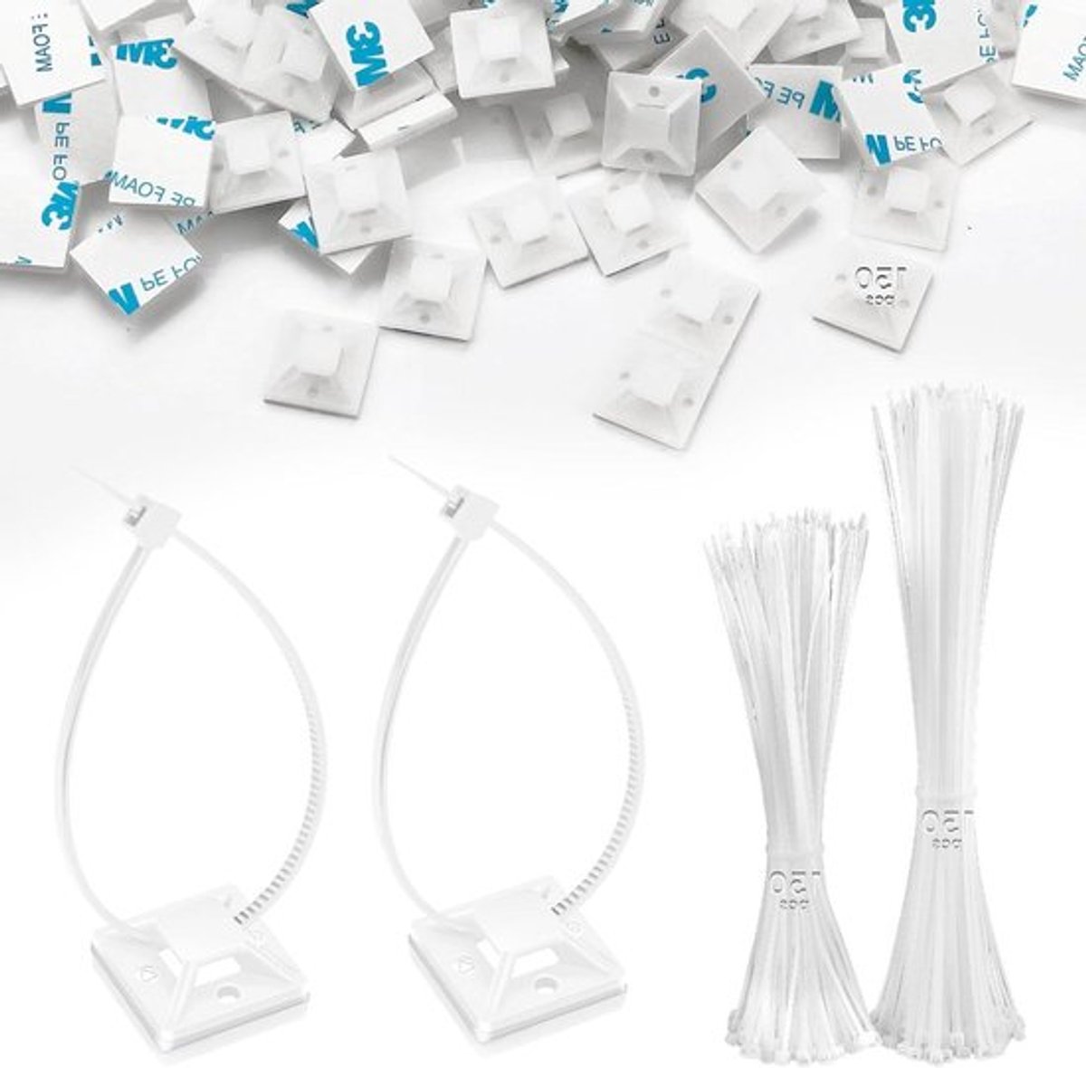 Witte Kabelbinders Set van 300 stuks - 120 mm/150 mm - Kabelhouders en Kleefpads - UV-bestendig