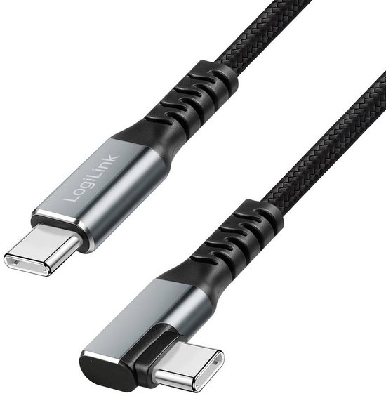 Zwarte gevlochten USB-C kabel met zilveren aansluitingen, haaks naar rechts.