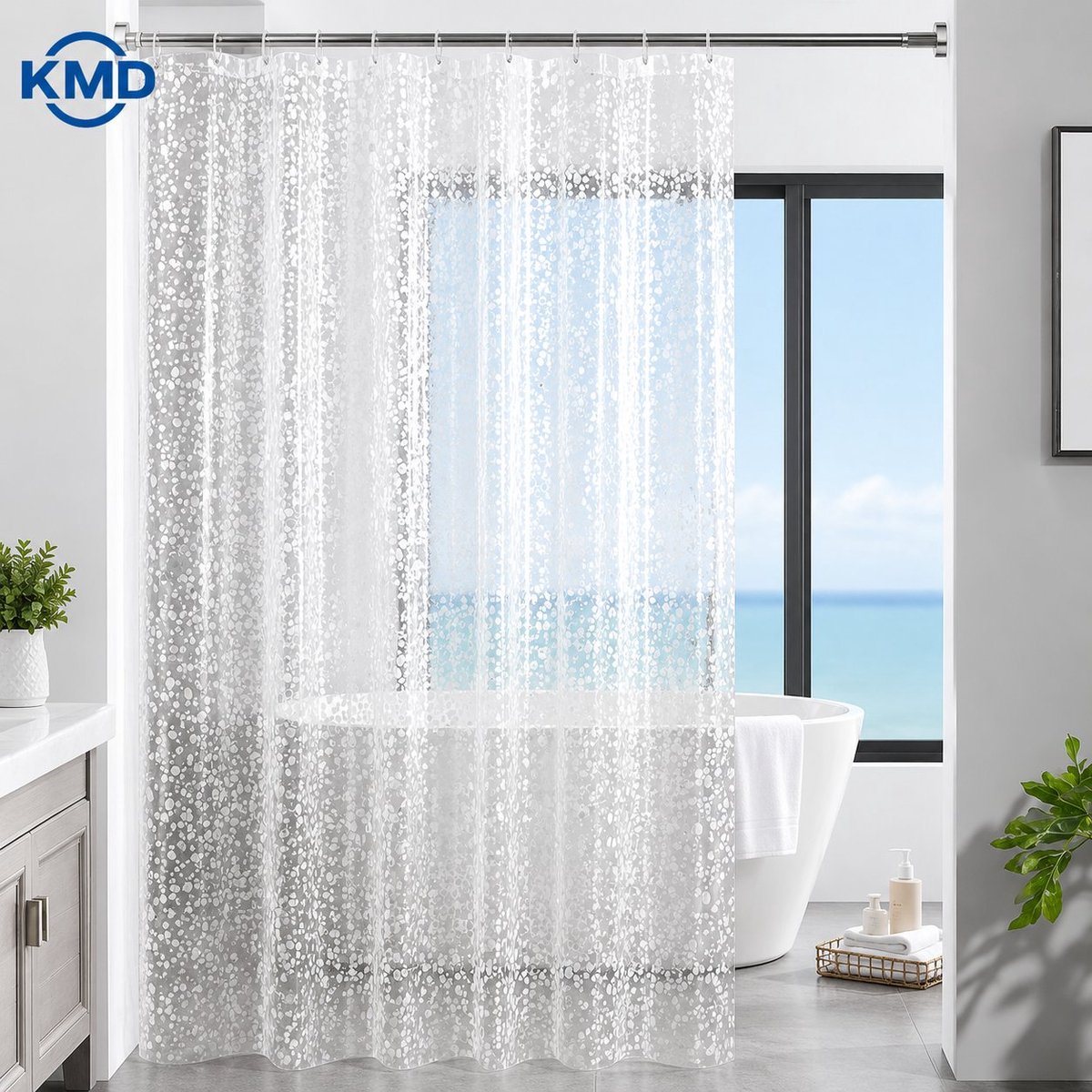 KMD Douchegordijn 100% EVA Waterdicht Schimmelbestendig 180 x 200 cm, Badgordijn Doorzichtig 3D Kiezelstenen Effect met 12 Ringen