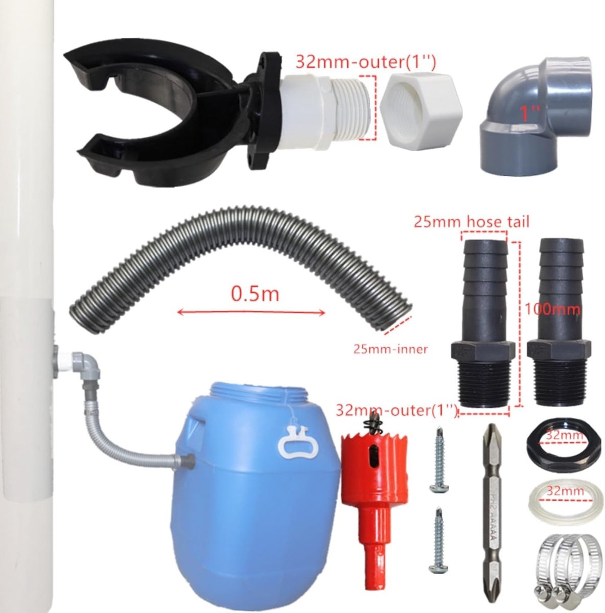 Regenton Aansluitset - Kunststof - Flexibele Slang - Eenvoudige Montage - Voor Regenwateropvang