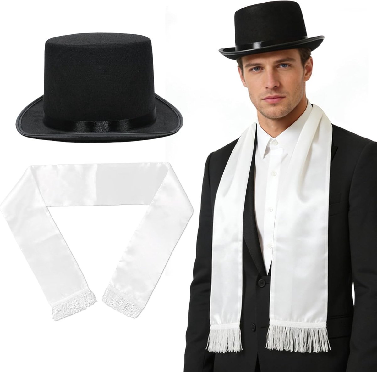 Elegante Zwarte Velours Hoed met Witte Sjaal en Kwast voor Halloween Kostuum, Victoriaanse Outfit en Gangster Cosplay Decoratie