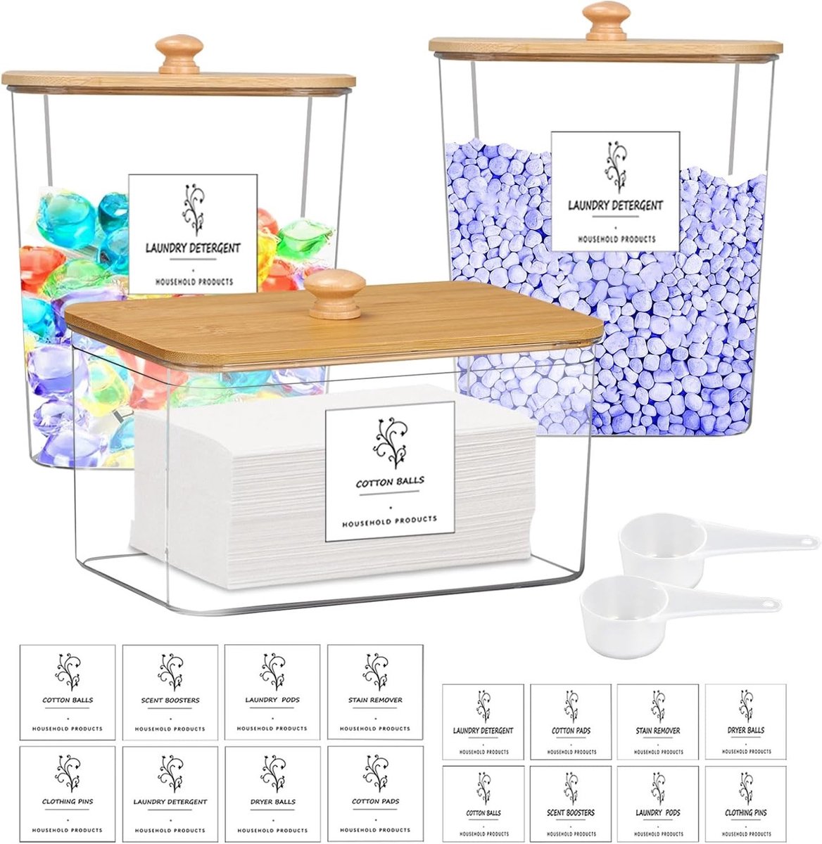 Airtight plastic containers met 3 houders, 16 labels en 2 maatbekers voor wasmiddel en wasmachinegebruik