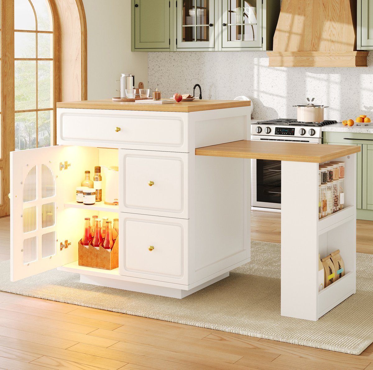 HAUSS SPOLE Keukeneiland - Uitschuifbaar Met Laden En Ledverlichting - Voor Keuken En Eethoek - MDF Glas Metaal - Wit - 122,5-195,5x59x93,5 cm