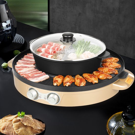 2-In-1 Elektrisch Hotpot Met Grill Goud Chinese Fondue Dubbelzijdige Kookpan Voor Slaapzaal Thuis Barbecue — afbeelding 5