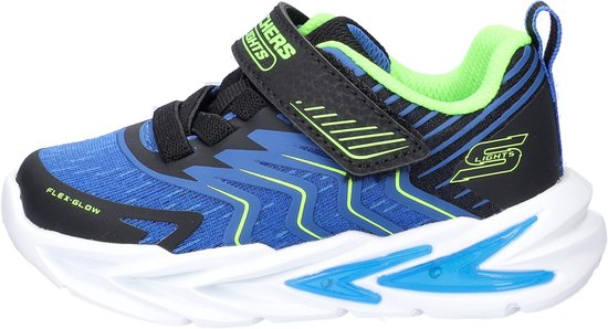 Blauwe Skechers jongen sneaker met limegroene en zwarte details, klittenband en lichtgevende zool.