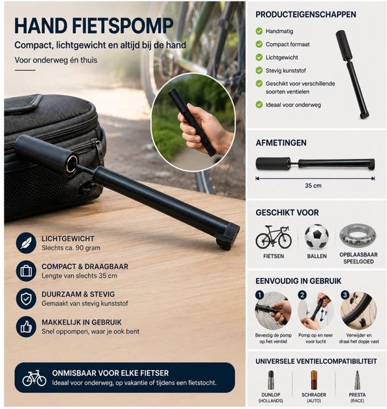 Hand fietspomp - draagbaar - zwart - kunststof - 35 cm - Fietspompen voor onderweg — afbeelding 4