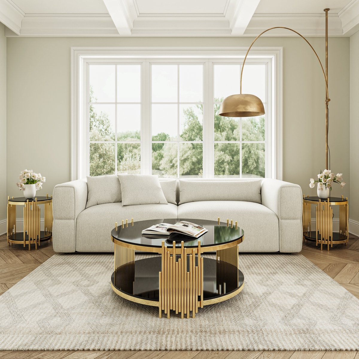 HAUSS SPOLE Salontafel - Rond Met Dubbel Glasblad En Opbergruimte - Voor Woonkamer En Kantoor - Gehard Glas - Zwart Goud Zwart en Goud