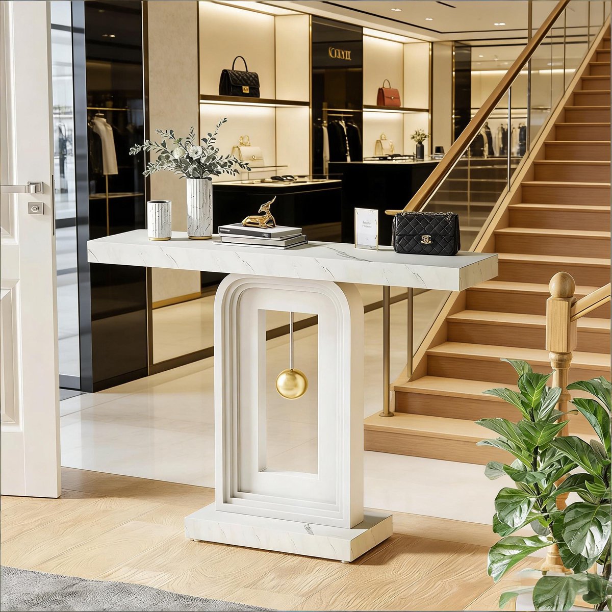 HAUSS SPOLE Consoletafel - Smal En Minimalistisch Met Geometrische Basis - Voor Hal En Woonkamer - MDF Met Marmerlook - 100 Cm - Wit