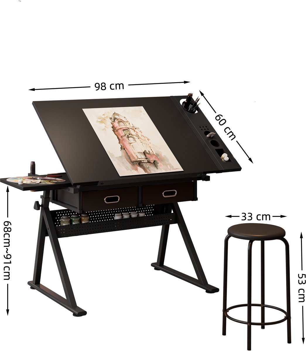 HAUSS SPOLE Tekentafel - Verstelbaar En Kantelbaar Werkblad Met 2 Laden En Kruk - Voor Thuisstudie En Kantoor - MDF En Metaal - Zwart