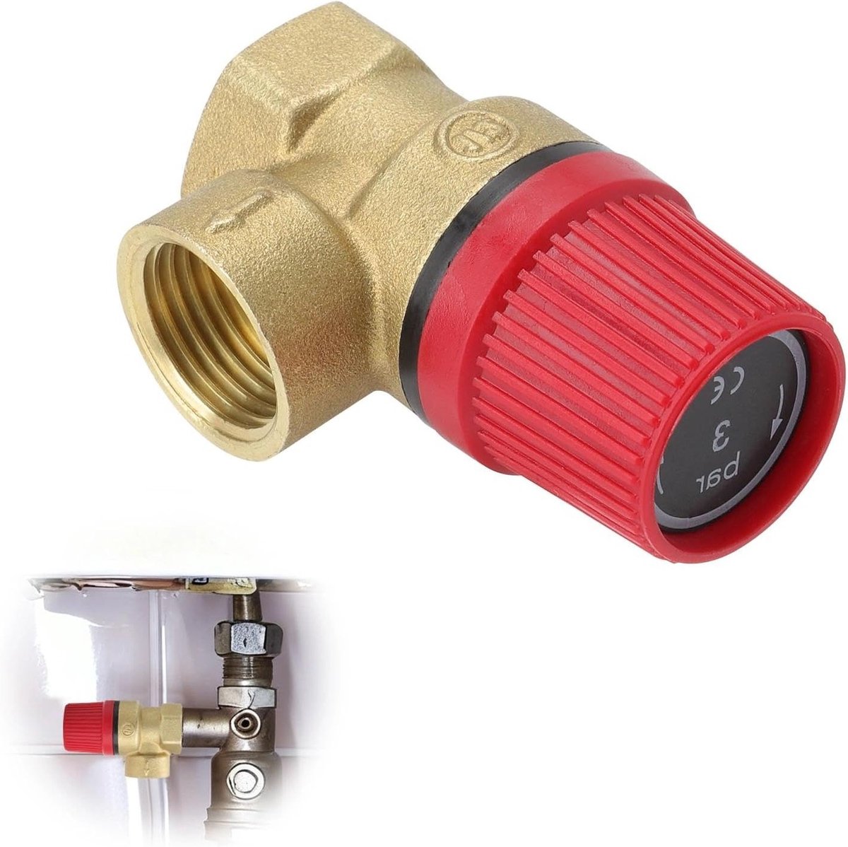 Veiligheidsventiel 1/2 Inch 3Bar - Messing Drukontlastingsventiel voor Verwarmingssystemen, Boilerventil en Warm Water Toepassingen, Nauwkeurige Drukregeling, Antilek en Eenvoudige Installatie voor Doe-Het-Zelf Projecten