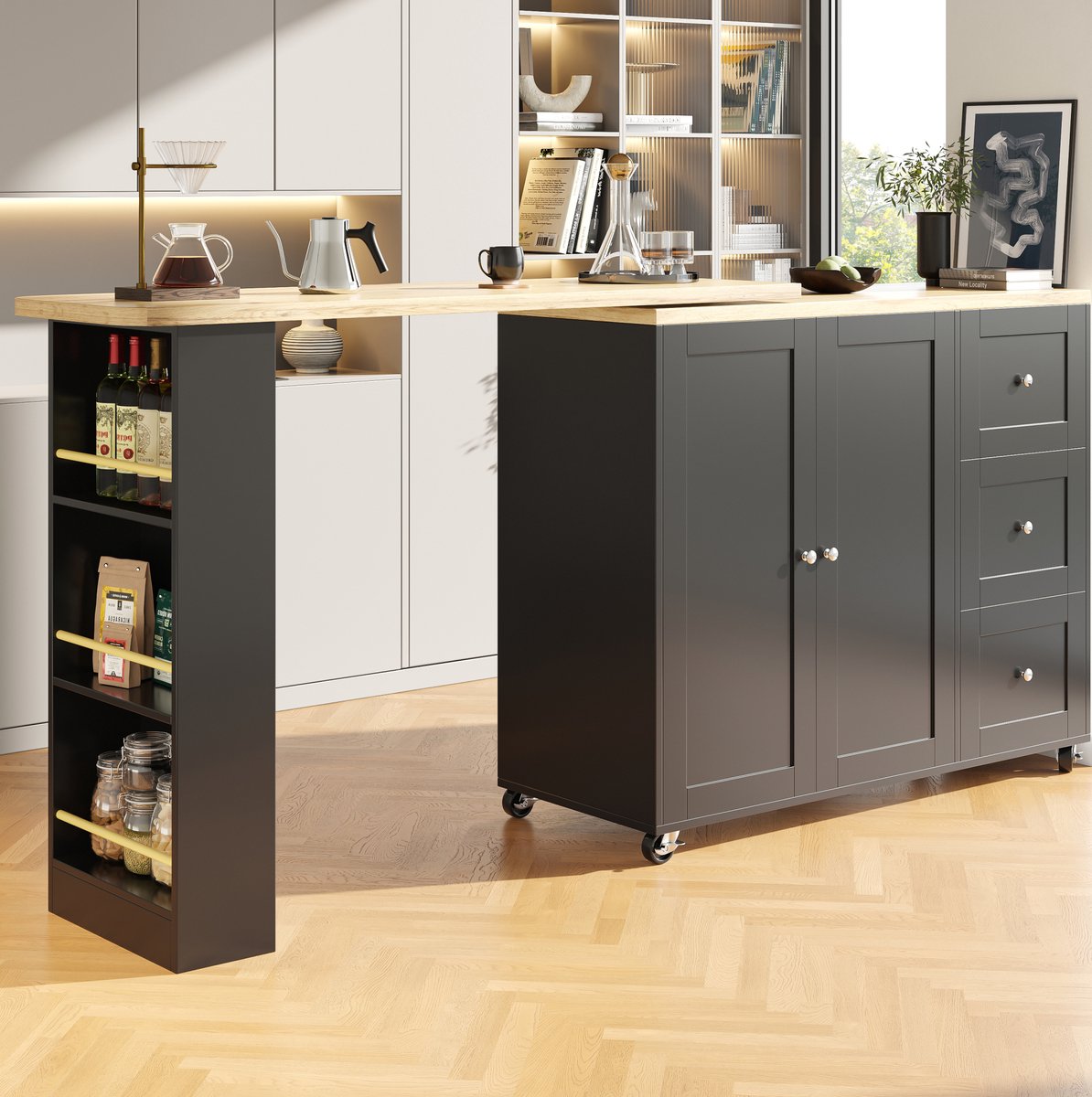 MEUNIQ keukenkast 135-203 x 39 x 106 cm 360° draaibaar met wielen, 3 lades, 2 deuren en snackrek, uitklapbare opbergkast voor keuken, eetkamer en woonkamer, zwart