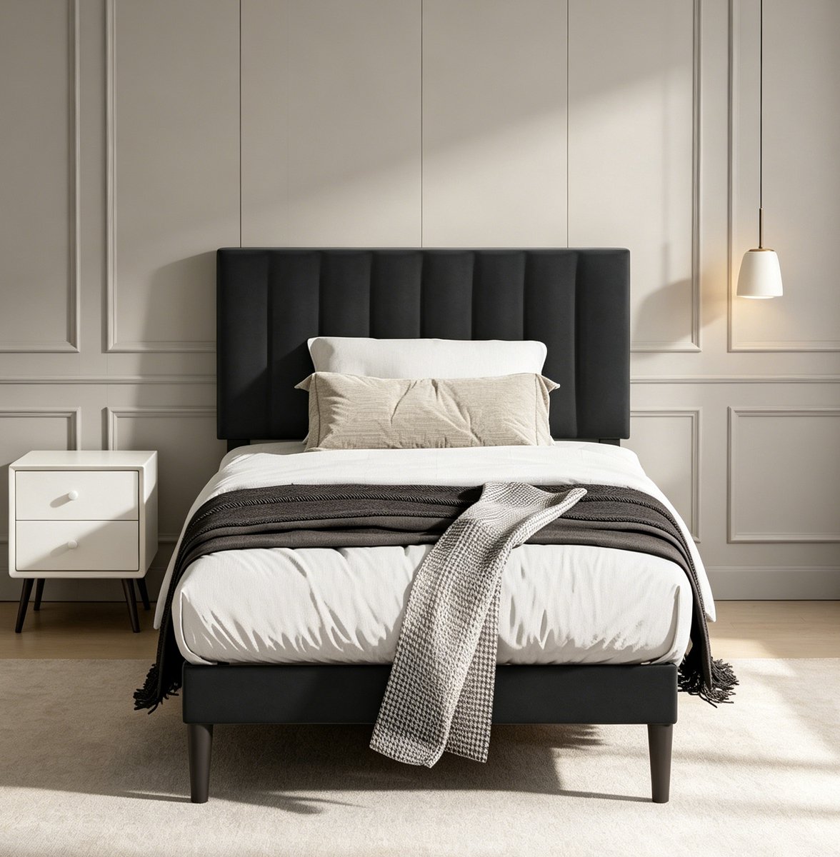 KUTAS Gestoffeerd Bedframe 90×200cm - Heavy Duty Metalen Frame - Verstelbaar Hoofdbord - Stil & Anti Slip - Grote Opbergruimte onder Bed - Zwart - Geschikt voor Slaapkamer en Gastenkamer