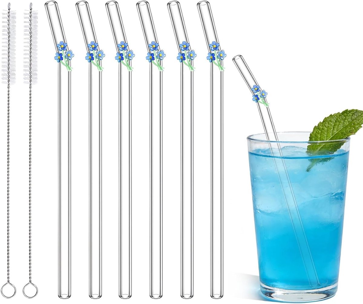 Glazen Rietjes Set - Transparant Glas - Met Zeedierontwerp - Inclusief Reinigingsborstels - Voor Koffie, Sap en Cocktails