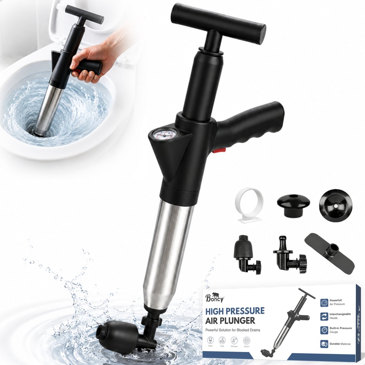 Boncy® Professionele WC Ontstopper met Hoge Druk - Luchtdruk Gootsteen & Afvoer Plopper - RVS Gootsteenontstopper met Hand Pomp - Toilet Douche & Rioolontstopper met Drukmeter - 5 Opzetstukken