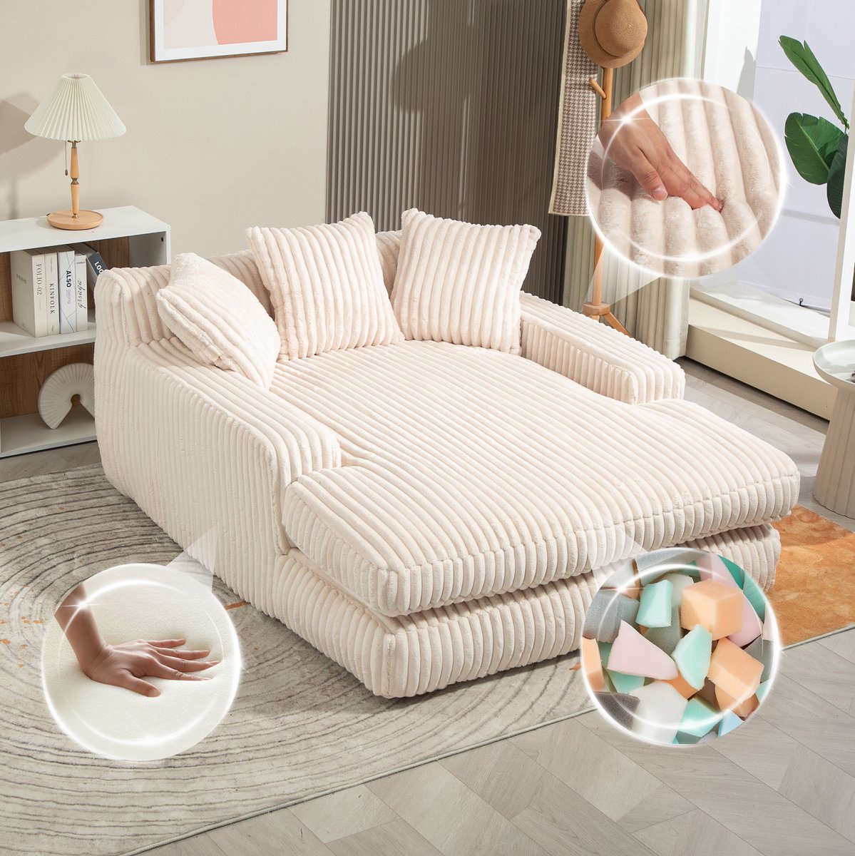 DESMIU Chaise Longue 125 x 155 x 63 Cm - Met 3 Kussens En Armleuningen - Voor Woonkamer En Kantoor - Ribstof - Beige