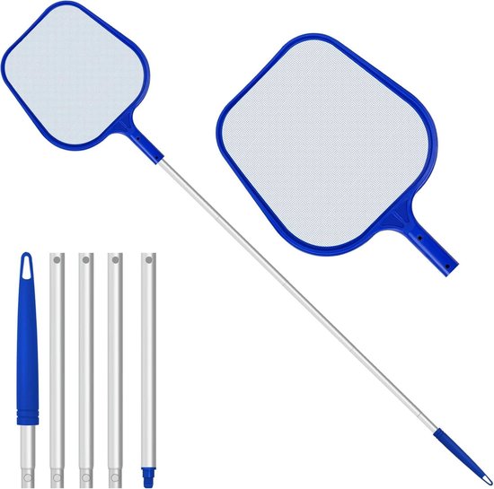 Épuisette bleue pour piscine avec manche télescopique et 4 manches détachables, maille fine.
