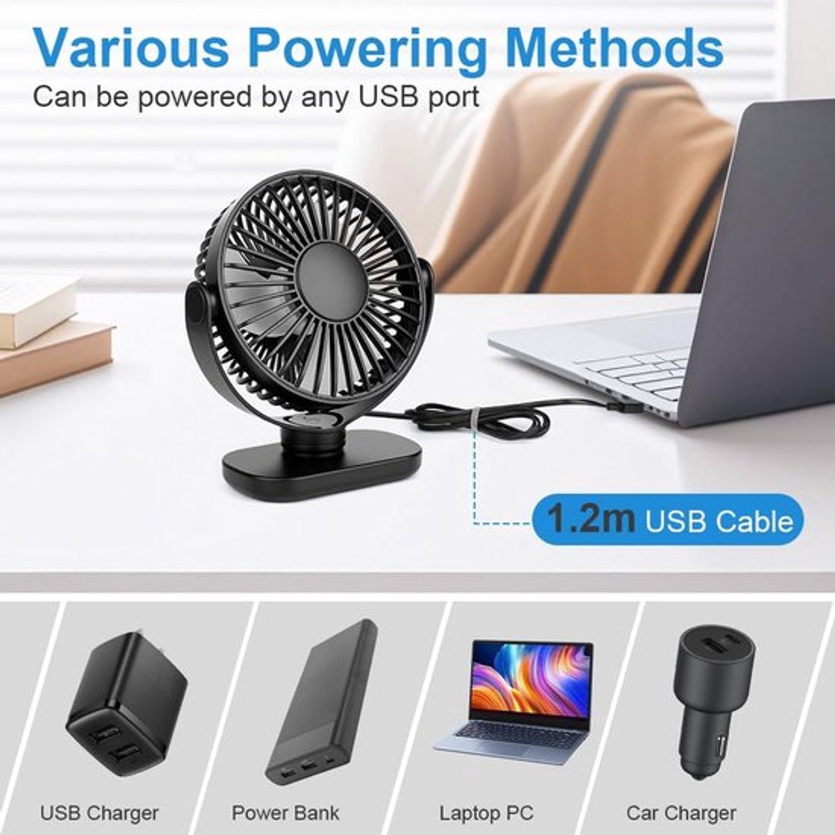 Solvix tafel ventilator geluidloos - Tafelfan - Zwart - 360° Rotatable - Ultra-stil - Voor Thuis en Kantoor thumbnail 5