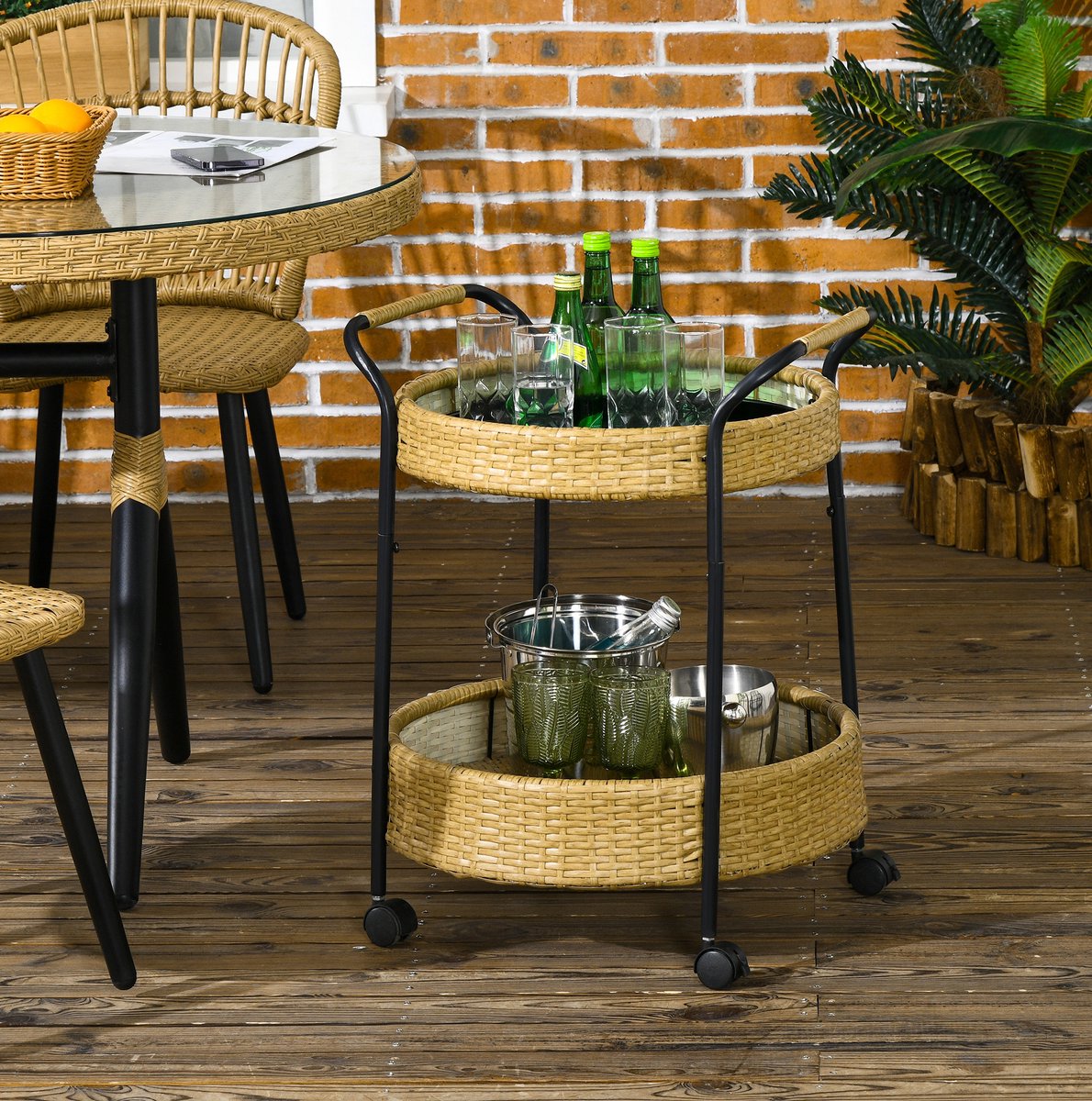 MEUNIQ ronde serveerwagen 50 x 66 cm met 2 niveaus, handgrepen en 4 wielen met rem, rotanlook barwagen voor keuken, balkon, terras of woonkamer, geel