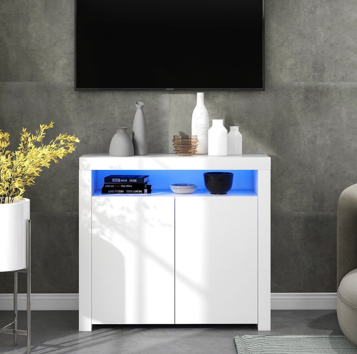 MEUNIQ dressoir 108 x 40 x 92 cm met LED-verlichting, 2 deuren en open vak, hoogglans wit sideboard voor woonkamer, hal of eetkamer