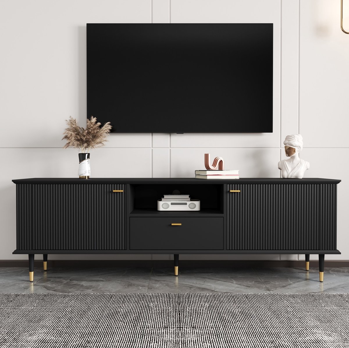 MEUNIQ tv-meubel 170 x 36 x 54 cm met 2 deuren, open vak en lade, kabelopeningen en soft-close scharnieren, zwart met gouden accenten voor woonkamer